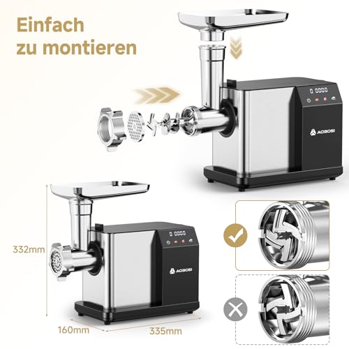 AAOBOSI Electric Meat Mincer [3000 W MAX] with LED Display, 3 Speeds, Meat Grinder with Anti-Clogging Technology, Built-in Storage Box, Sausage Filler & Kibbe Making for Home Use
