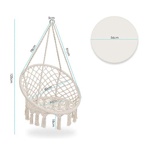 KESSER® Hängesessel 150kg mit 2 Stahlringe Sitzpolster geflochten Fransen Hängestuhl Hängekorb Schaukelkorb Garten Indoor wetterfest, wasserabweisend, Beige – Bild 8