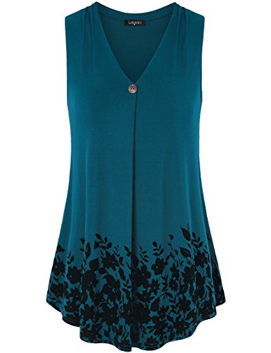 Laksmi Womens Sleeveless Pleated V Neck A Line Floral Printed Casual Flow Summer Tunic Tops (XX-Large, Dark Cyan)