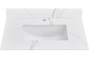 EQLOO 30 in. W x 22 in D Quartz Vanity Top in Calacatta Rocky, Vanity Sink Top with Assembled Single Drop-in Sink, Pre-Drilled Single Faucet Hole Countertop with 4" H Backsplash