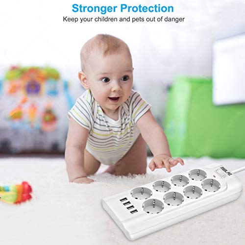 MBLAI Steckdosenleiste,Mehrfachsteckdose (3000W/13A) mit 8 Fach und 4 USB, mit Überspannungsschutz 2M Kabel EU-Steckdose Überlastschutz Steckdosenleiste für die Home Office Weiß