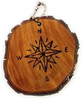 Compass Luggage Tag Wood Burned Keychain