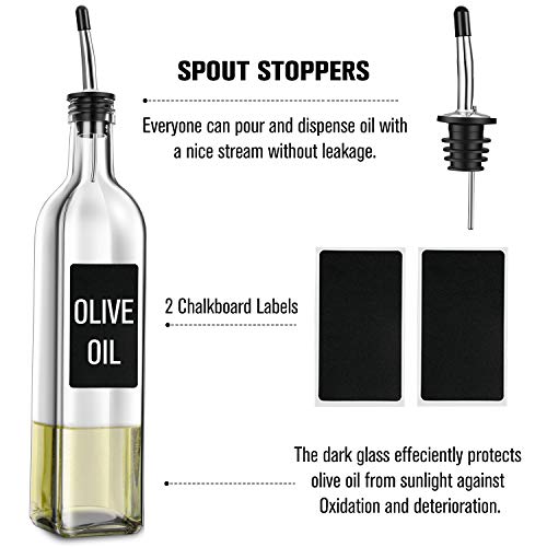 PrettyCare Olive Oil and Vinegar Dispenser Bottles 17oz (Extra Lids, Labels and Funnel) 500ml Drip-Free Bottle with Stainless Steel Spout, Flip Top Pourer Set (Clear) - Thumbnail 4