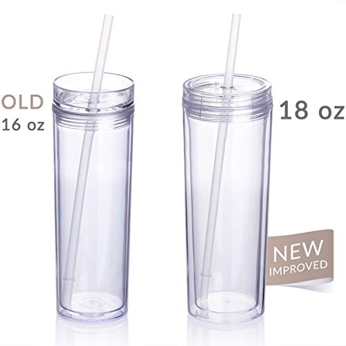 Cupture Skinny Acrylic Tumbler Cups with Straws - 18 oz, 8 Pack (Clear)