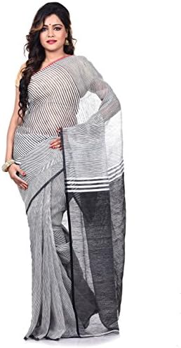 Bengal Handloom Saree Women's Pure Resham Silk Cotton Linen Free Size White