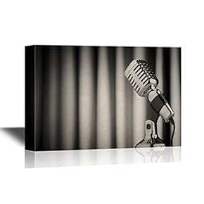 Music Canvas Wall Art - Vintage Microphone Against The Backdrop Curtain - Gallery Wrap Modern Home Art | Ready to Hang - 12x18 inches