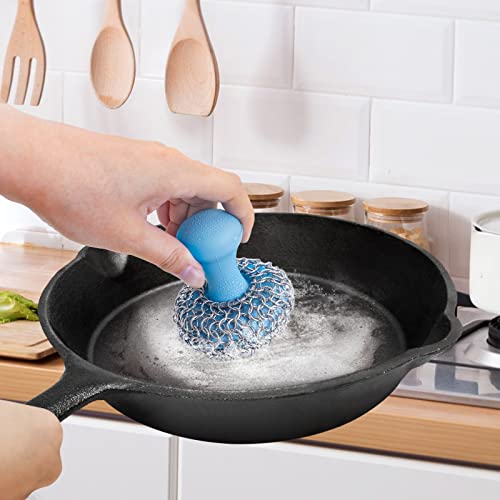 Cast Iron Scrubber + Pan Scraper, Upgraded Cast Iron Cleaner with Ergonomic Handle, Chainmail Scrubber for Cast Iron Pans and Skillets, Dishwasher Safe (Blue, Pack of 2)