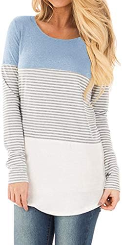YunJey Short Sleeve and Long Sleeve Round Neck Triple Color Block Stripe T-Shirt Casual Blouse