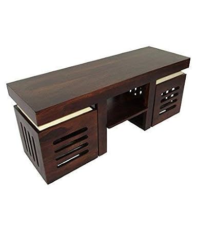 Corazzin Wood Sheesham Wood Coffee Table for Living Room | with 2 Wooden Stools | Cream Cushion