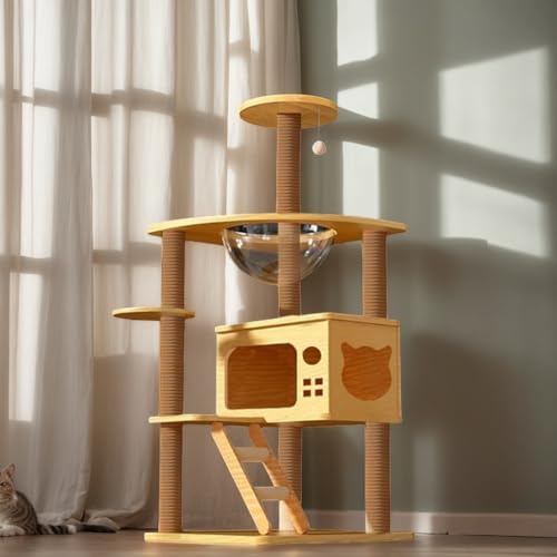 Gluckluz Cat Tree House Tower Sisal Rope Scratching Post Pet Climber Scratcher Condo with Interactive Toy for Adult Cat Kitten Indoor Play Sleeping Activity (Beige)