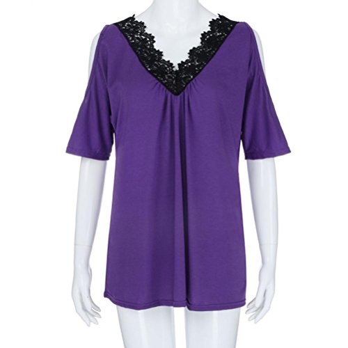 FEITONG Fashion Womens Plus Size T-Shirt Lace Trim V Neck Cold Shoulder Tops Blouse, XL-5XL(XXX-Large,Purple)