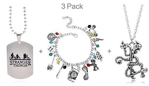 3 pack stranger things themed charms bracelet + pendant…