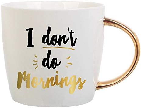 14oz Ceramic Mug, White, Black &amp; Gold - I Don't Do Mornings.