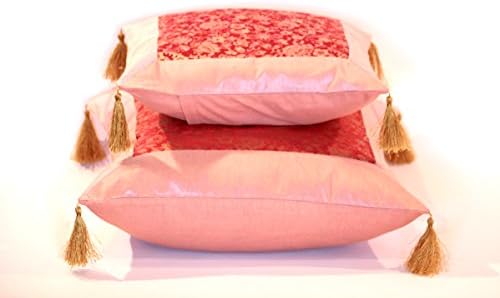 Pure Silk Cushion Cover, Hand Stitched from Thick Silk Rose Patterned Fabric and Framed with a Solid Silk Border, Backed with Thick Cotton and Accented with Gold Tassles. (12x12", Rose Center Silk)