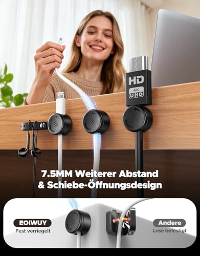 8 Stück Kabelhalter Selbstklebend mit Silikon Kabelbinder [2-in-1], Magnetische Kabel Organizer Clips [Glatt Verstellbar & 1-Sek-Verschluss], Stark Haftender Cable Management für Schreibtisch