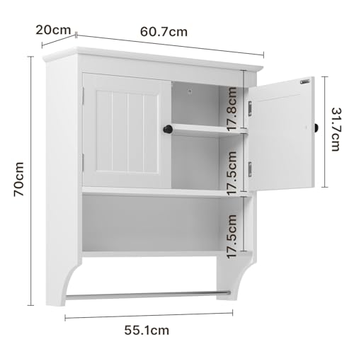 FL FASHION LEADER Armario de baño montado en la Pared con Puertas, Armario Colgante de Madera con Puertas y estantes sobre el Inodoro, gabinete de Pared de baño Blanco