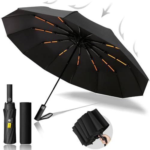 MXHIGO Paraguas Plegable Automático Reforzado, Paraguas de Bolsillo Resistente al Viento, Sombrilla Grande para Lluvia y Sol, Con 24 Varillas Reflectantes y Protección UV, Para Hombres y Mujeres