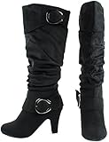 Top Moda Women's Plug-2K Knee High Mid Heel Boots with Buckle Straps