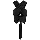 ZAFUL Womens Ribbed Halter Crop Top Ruched Lace-up Cropped Cami Bandana Top Criss Cross Wrap Print Tank Top