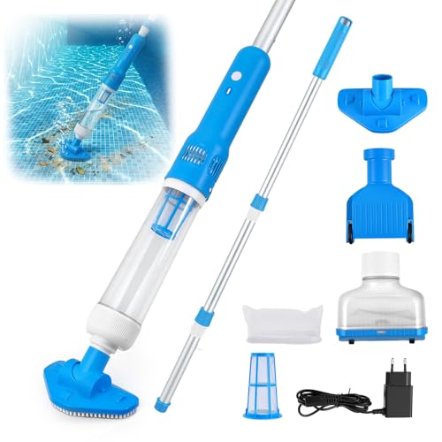 Aspirapolvere Piscina, Aspirapolvere Ricaricabile 3-in-1 con Palo Telescopico Regolabile (120cm-185cm), 70 Minuti di Funzionamento Aspirapolvere Pavimento Piscina per Piscine