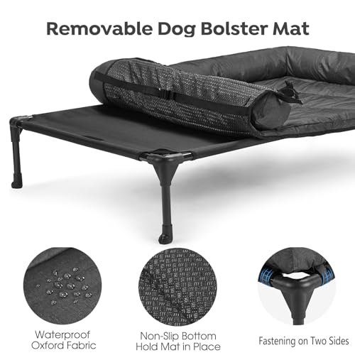 Veehoo Elevated Dog Bed, Lifted Dog Ded Add Waterproof Removable Pillow-Top Mat, Raised Pet Cot with Breathable Mesh, No-Slip Feet, Bolster Dog Cot Bed for Indoor & Outdoor, 107 x 76 cm, Black