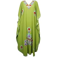 Mogul Interior Womens Caftan Maxi Dress Green Embroidered Boho Kaftan One Size