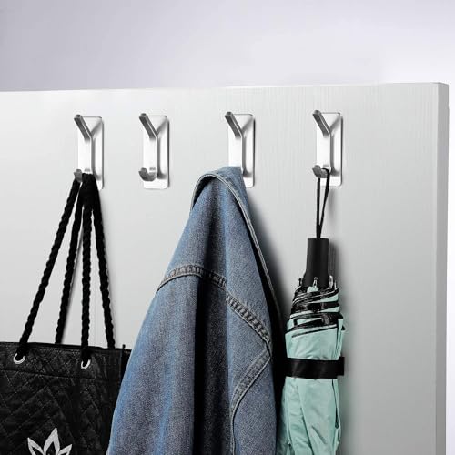 AMROAH 4pcs Stainless Steel Adhesive Hooks Wall Mounted, Heavy Duty Storage Wall Mount Hooks for Hanging Coat Clothes Towels Hat Bags for Home Entryway Bathroom Bedroom Kitchen Living Room (Silver)