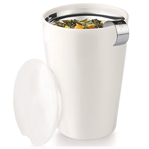Tea Forté KATI Cup Ceramic Tea Brewing Cup with Infuser Basket and Lid for Steeping, Loose Leaf Tea Maker, Orchid White - Thumbnail 4