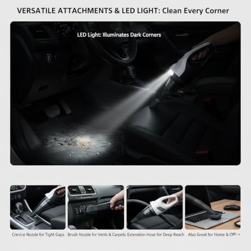 Dual-Power Car Vacuum Cleaner (Cordless Battery + 12V Car Cord), 8000Pa Strong Suction, Portable Handheld Vacuum with LED Light, Type-C Charging, Wet & Dry Mini Duster for Car Interior, Home&Pet Hair