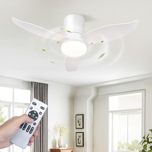 Homefire Ventilador de techo luz - Ventilador de techo silencioso de 3 aspas con luz, blanco, brillo ajustable, 6 velocidades, control remoto Lámpara de techo para dormitorio o cocina