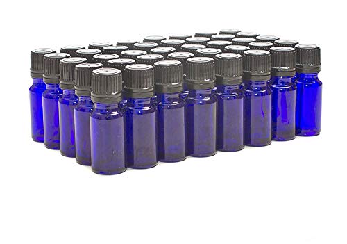 Aura 10ml BLUE Glass Bottles with Black Tamper Evident Caps & Droppers - PACK of 40