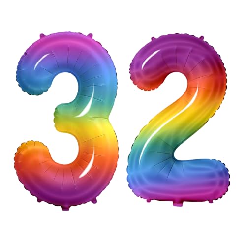 Number 32 Balloons for 32nd Birthday Party Decorations, 0-100 Large No.32 Balloons for Women Men and Her Him, 40 Inch Rainbow Foil Helium Balloon for 32 Year Old Anniversary Decorations at Amazon