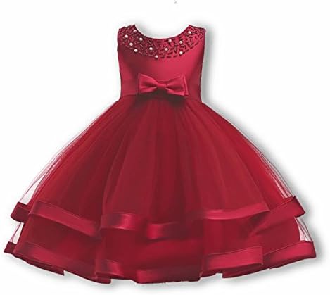 Oukaiyi Girls Lace Bridesmaid Dress Wedding Pageant Dresses Tulle Party Gown Age 4-7Y(Wine Red,7-8Y)