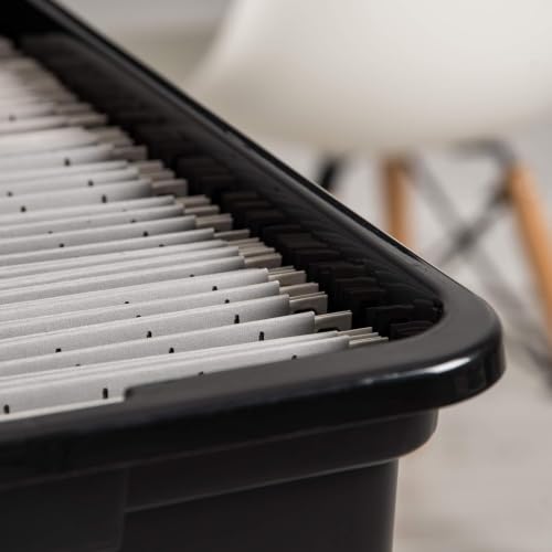 IRIS USA Caja de Transporte de Archivos Tamaño Carta/Legal, Paquete de 4, Caja de Almacenamiento Libre de BPA con Tapa de Seguridad y Cierre Duradero, Archivero Apilable Encajable, Negro/Transparente
