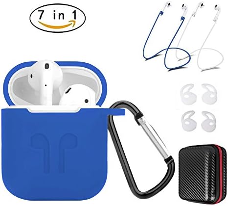 AirPods Case 7 In 1 Airpods Accessories Kits Protective Silicone Cover and Skin for Apple Airpods Charging Case with Airpods Ear Hook Airpods Staps/Airpods Clips/Skin/Tips/Grips Blue