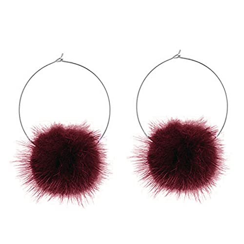 Fur Pom Pom Fluffy Earrings Baby Pink White Black Green Silver (Burgundy) โ image 1