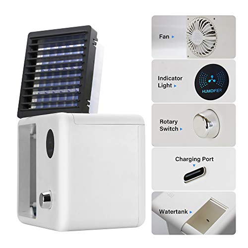 Portable Air Conditioner,Cordless Evaporative Personal Air Cooler with LED Night Light,TOPLANET Mini Desktop Fan by Rechargeable 2000mAh Li-ion Battery for Home,Office And Room,3 Speeds