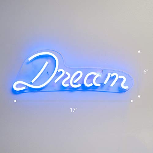 Isaac Jacobs 17" inch LED Neon Blue “Dream” Wall Sign for Cool Light, Wall Art, Bedroom Decorations, Home Accessories, Party, and Holiday Decor: Powered by USB Wire