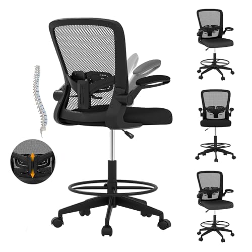 POWERSTONE Drafting Chair, Ergonomic Tall Office Chair for Standing Desk with 3IN Thick Cushion, Flip-up Arm, Adjustable Back Support & Footrest Workbench Rolling Stool Computer Chair (Black 1PCS)