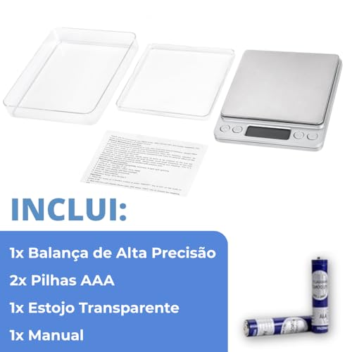 Balança Digital de Precisão para Cozinha 0,1g a 2kg Mini Inox Tara Visor LCD Pilhas Inclusas Confeitaria Café Especial Joias Suplementos Portátil 6 Unidades de Medida