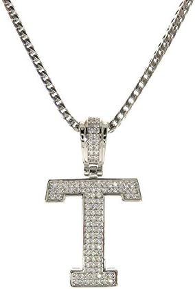 .925 Sterling Silver CZ Initial Letter Charm Pendant Franco Link Chain Necklace Set Gift[ASSORTED LETTERS, CHAIN LENGTHS] (T + 24 Inches Necklace)
