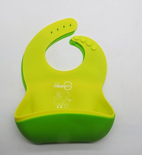 Adjustable Soft Silicone Baby Bibs With Crumb Pocket Catcher, Waterproof Set, Stain Risistant wipes Clean. Set of 2 Pack, 2 colors (Yellow / Green)