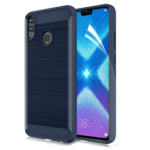 Honor 8X Case W/HD Screen Protector Carbon Fiber Soft TPU Brushed Texture Elastic Full-Body Rubber Heavy Duty Protective case, Navy