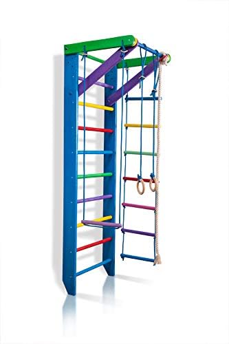 Dani Wall Bars RI-02-220, 87 in Wooden Swedish Ladder Set: Pull Up Bar, Hanging Rings, Trapeze and Rope Ladder for Training and Physical Therapy - Used in Homes, Gyms, Clinic, and Schools