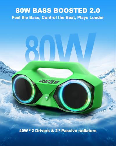 OZJ Bluetooth Speaker 80W(Peak) Loud with Bass, 20H Playtime, IPX7 Waterproof, RGB Lights, TWS, Large Portable Wireless Speakers for Outdoor, Home, Party, Pool, Beach, Tailgating, Gym, Work (Green)