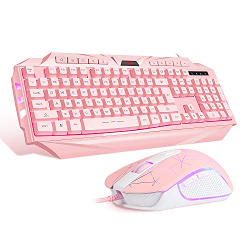 Pink Gaming Keyboard and Mouse Combo,MageGee GK710 Wired Backlight Pink Keyboard and Pink Mouse for Girl,PC Keyboard and Adjustable Mouse for PC/Laptop/MAC(Pink)