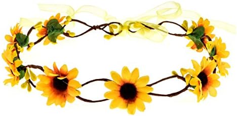 DreamLilyWedding Festivals Floral Hair Band Adjustable Ribbon Daisy Flower Headband Crown BC38 (Yellow)