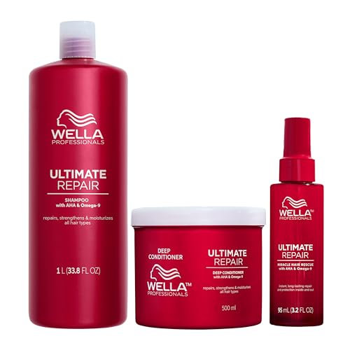 Wella Professionals Ultimate Repair Shampoing léger pour cheveux abîmés, Après-shampoing nourrissant et Soin Miracle revitalisant,traitement réparateur sans rinçage pour les cheveux- 1L + 500ml + 95ml