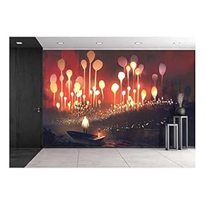 Night Scenery of Fantasy Forest with Glowing Trees and Man in The Boat,Illustration Painting - Removable Wall Mural | Self-Adhesive Large Wallpaper - 66x96 inches