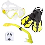 ELEMENTEX Naga Sports Series Kids Snorkel Set with Dry Top Snorkel, Single Lens Mask, Trek Fins, Mesh Bag - XS/XXS Yellow